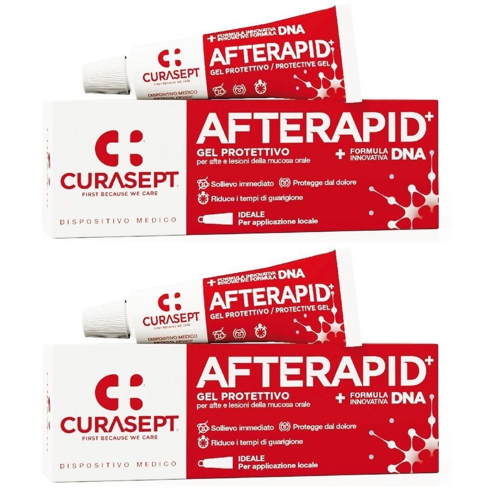Due tubi e due scatole. I tubi indicano AFTERAPID+. Le scatole indicano AFTERAPID+ Gel Protettivo.