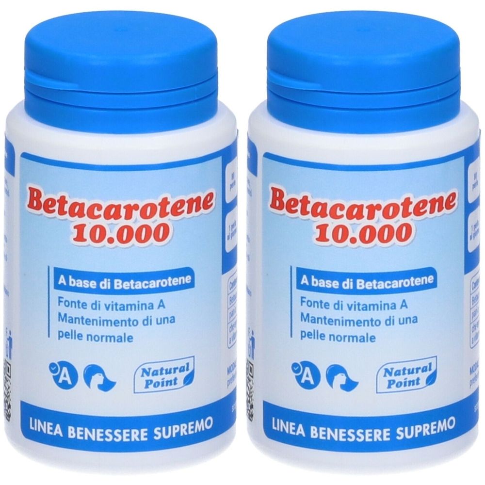 Due flaconi bianchi con tappi blu. Scritta: Betacarotene 10.000. Testo in italiano. Marchio: Natural Point.