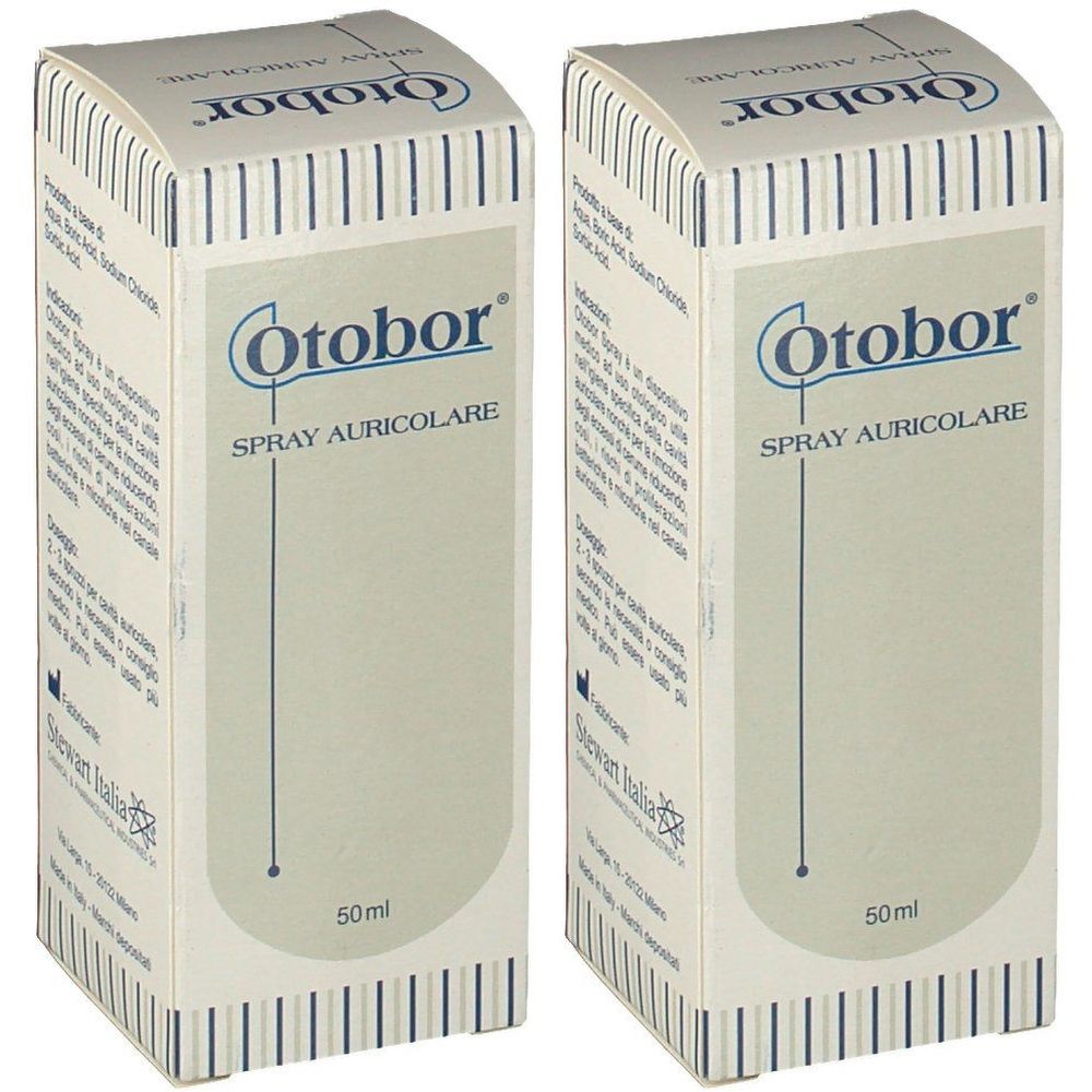 Due confezioni di Otobor Spray Auricolare. Scritta: Otobor, Spray Auricolare, 50ml. Confezione a strisce blu e bianche.