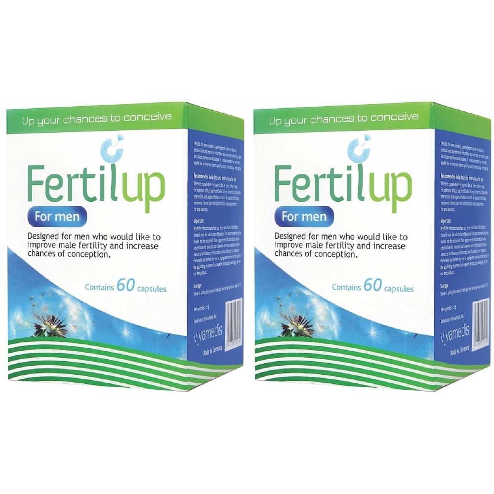 Due confezioni "Fertilup For men". Testo: "Designed for men who would like to improve male fertility and increase chances of conception". Contiene 60 capsule.