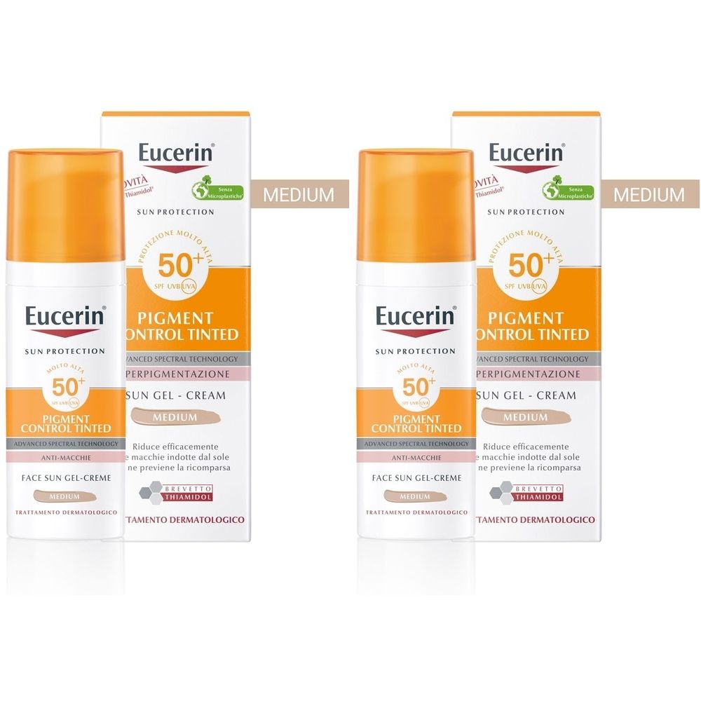 Due tubi e confezioni di crema solare Eucerin Pigment Control Tinted SPF 50+. Scritta: MEDIUM, 50+ e Pigment Control Tinted.