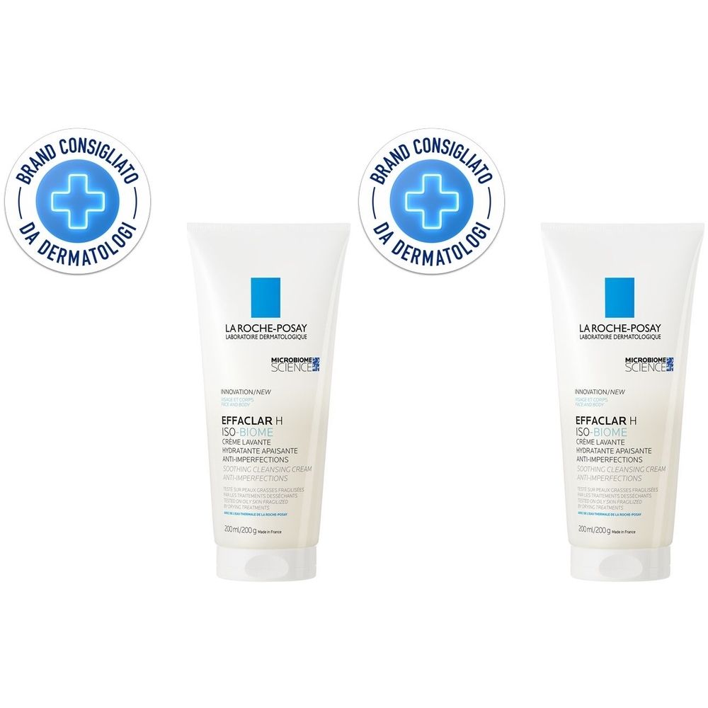 Due tubi La Roche-Posay Effaclar H. Bianchi, con testo blu. Scritta: Brand consigliato da dermatologi.