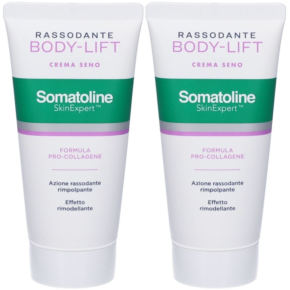 Due tubi di Somatoline SkinExpert Rassodante Body-Lift Crema Seno. Tubi bianchi con dettagli verdi e viola. Testo: FORMULA PRO-COLLAGENE.
