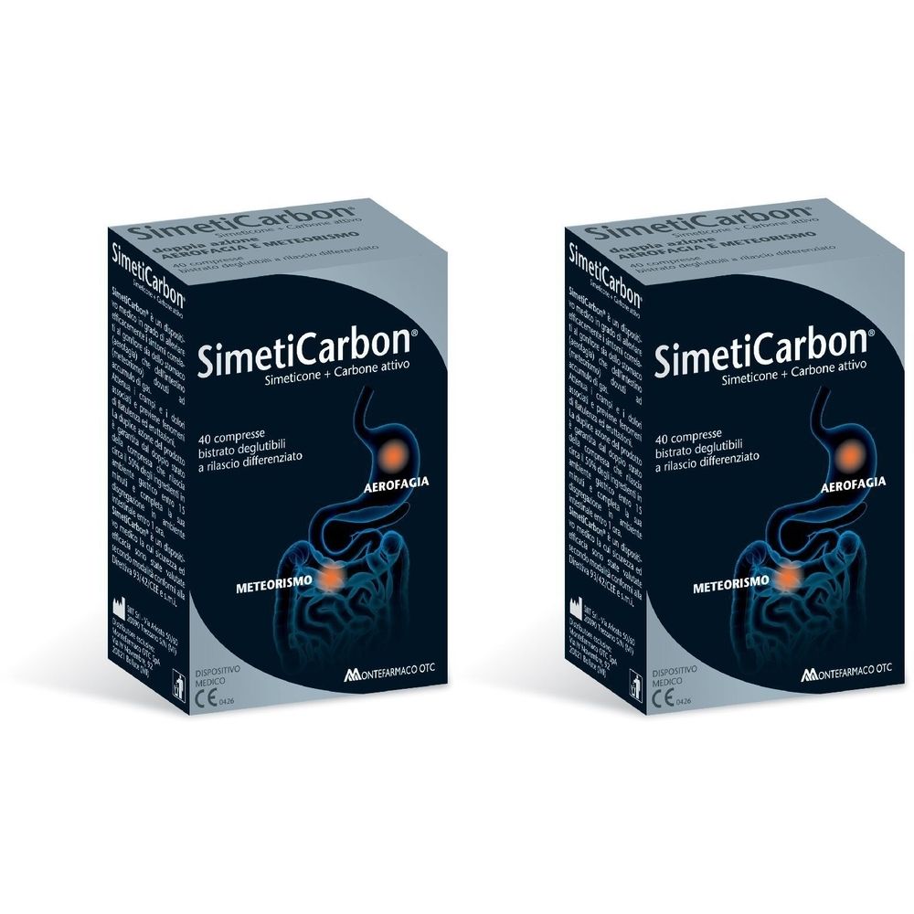 Due scatole di SimetiCarbon. Scritta: Simeticone + Carbone attivo, 40 compresse deglutibili. Illustrazione apparato digerente.