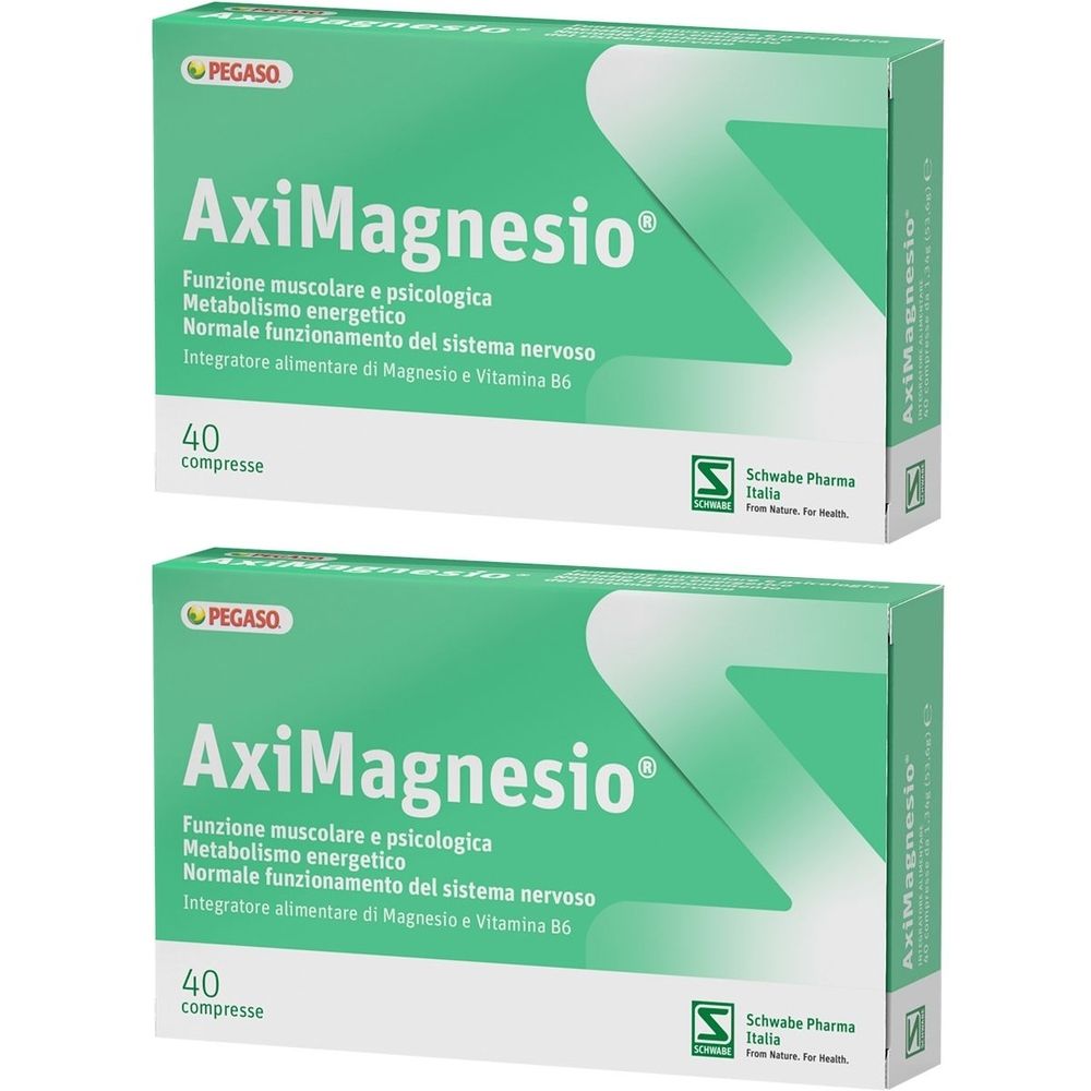 Due confezioni di AxiMagnesio. Confezione verde e bianca con nome del prodotto e informazioni. Contiene 40 compresse.