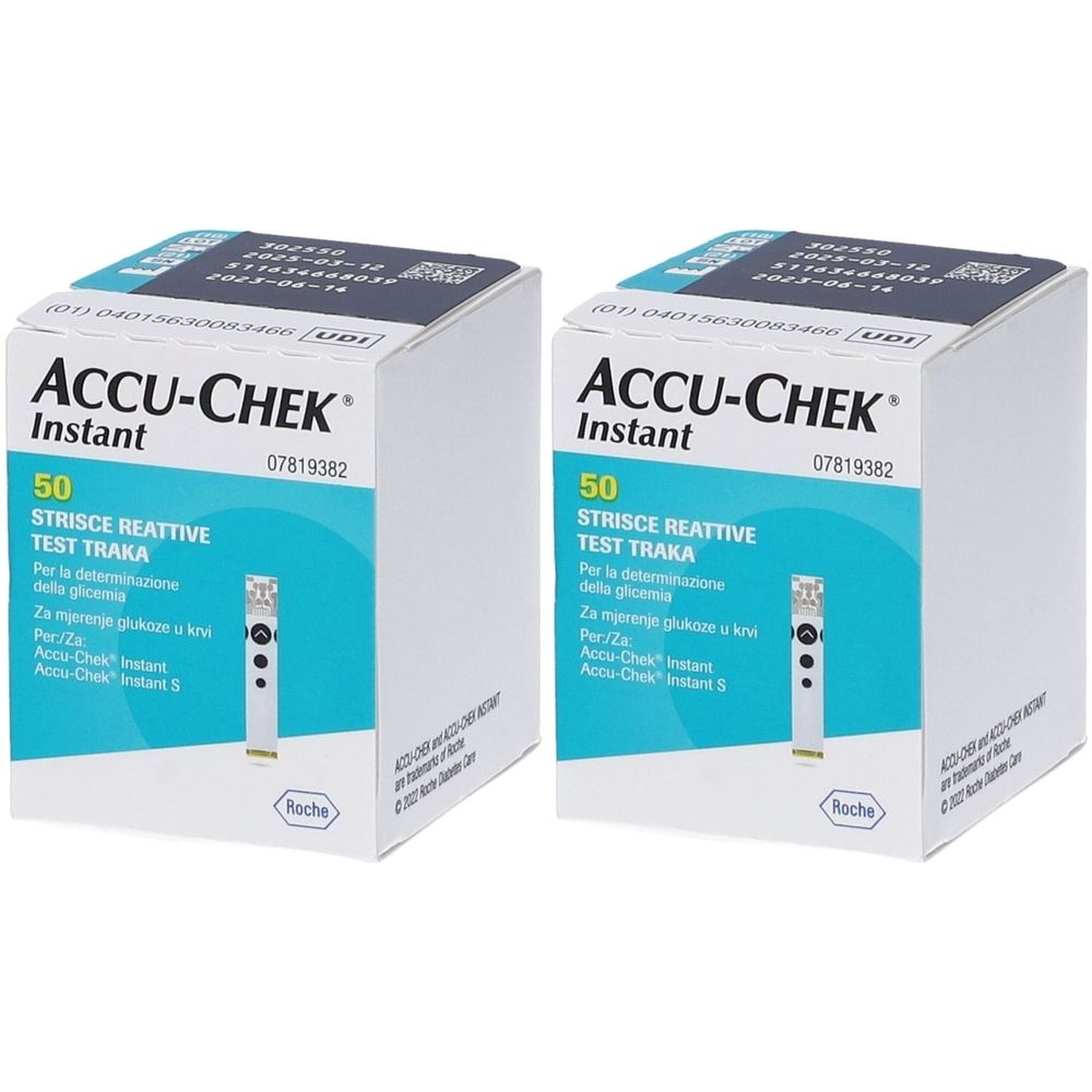 Due confezioni di strisce reattive Accu-Chek Instant. Scatole bianche con dettagli blu e informazioni sul prodotto. Logo Roche.