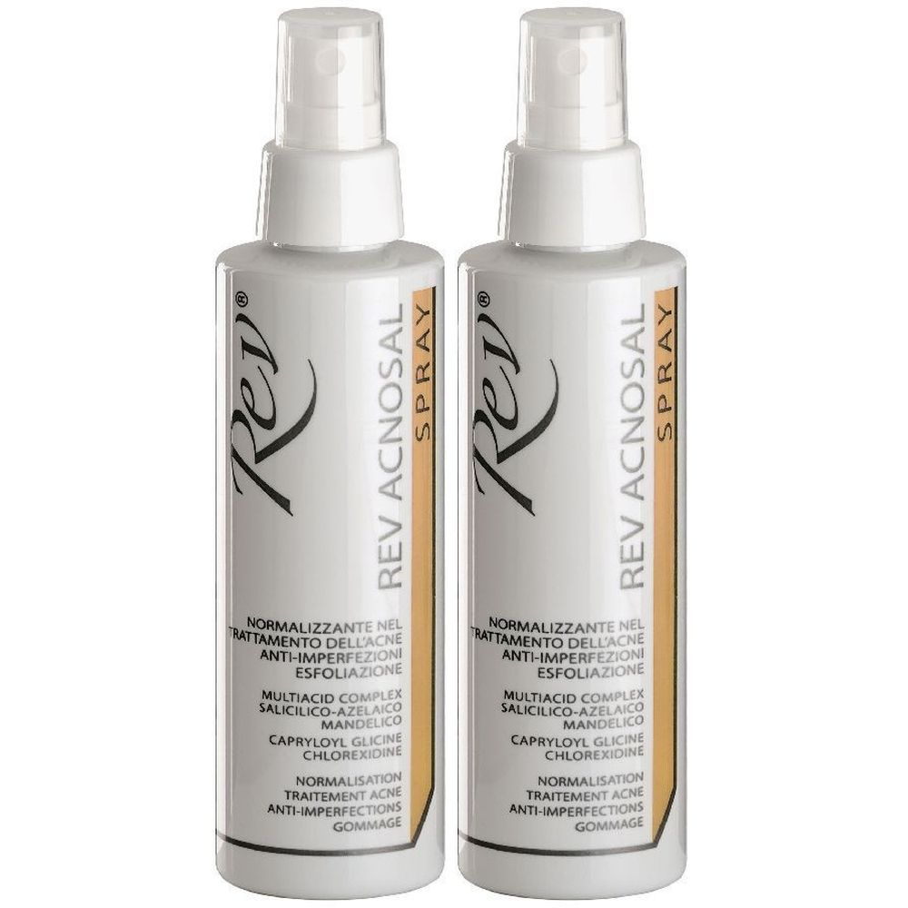 Due flaconi spray bianchi con la scritta Rev ACNOSAL SPRAY. Sulle etichette sono riportate informazioni sul prodotto. I flaconi sono affiancati.