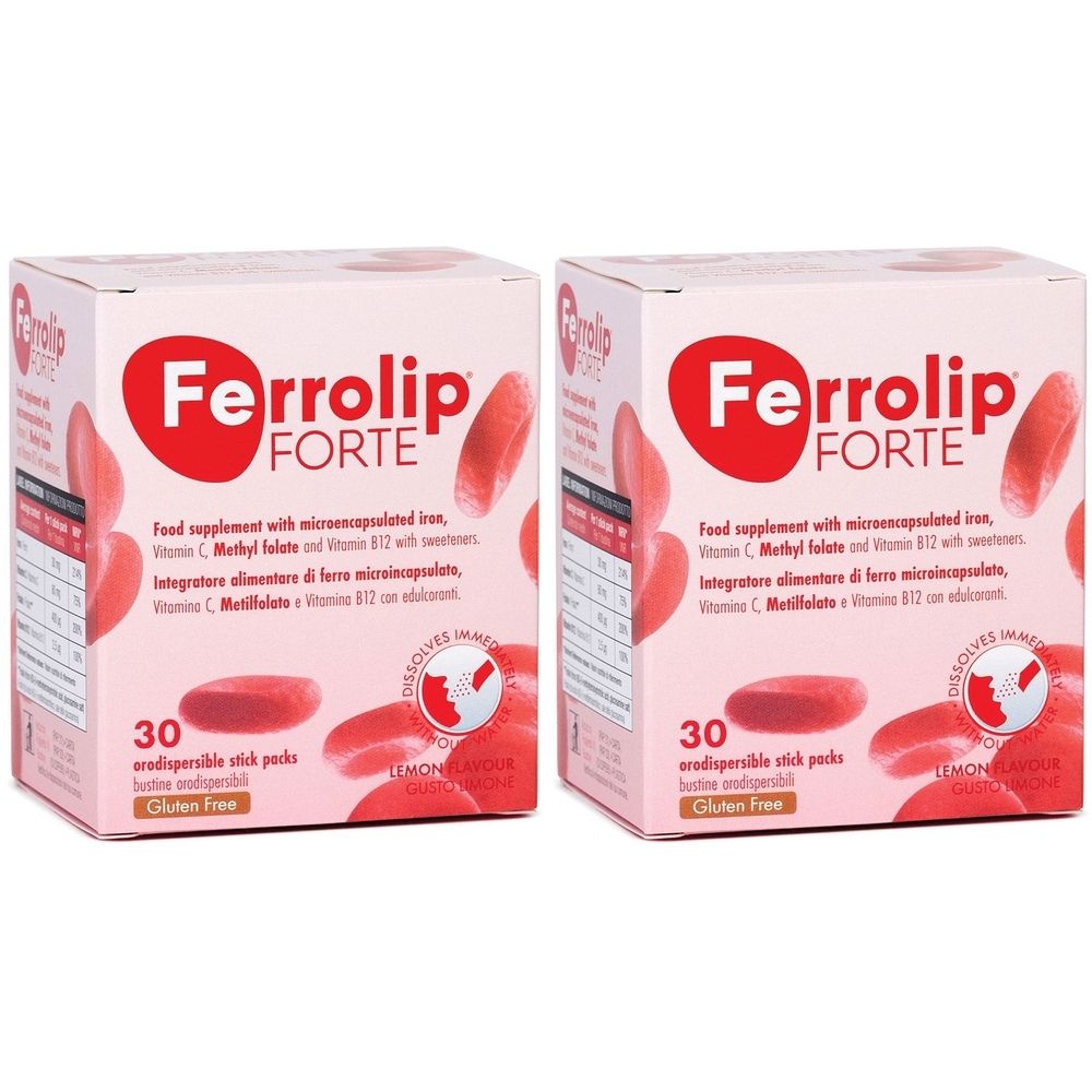 Due scatole di "Ferrolip Forte". Ogni scatola contiene 30 stick. Scritto: "Gluten Free".