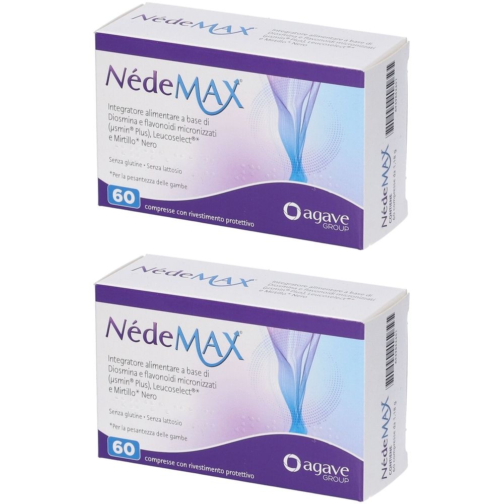 Due confezioni di NedeMAX. Su ogni confezione, il nome del prodotto, il marchio Agave Group e il numero di compresse: 60.