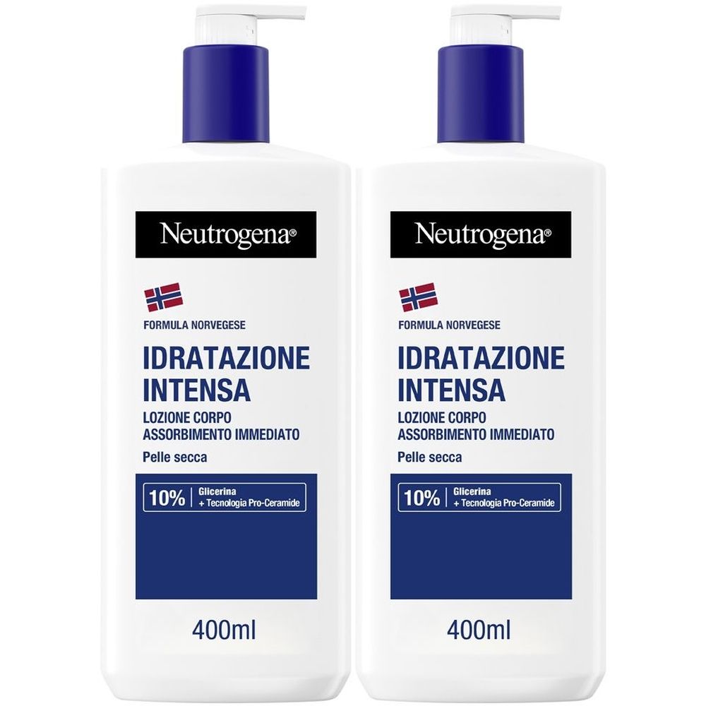 Due flaconi bianchi con tappi blu e pompe. Scritta: Neutrogena, IDRATAZIONE INTENSA, 400ml. Per pelle secca.