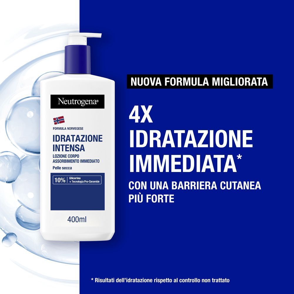 Flacone crema corpo Neutrogena con testo '4x Idratazione Immediata'.
