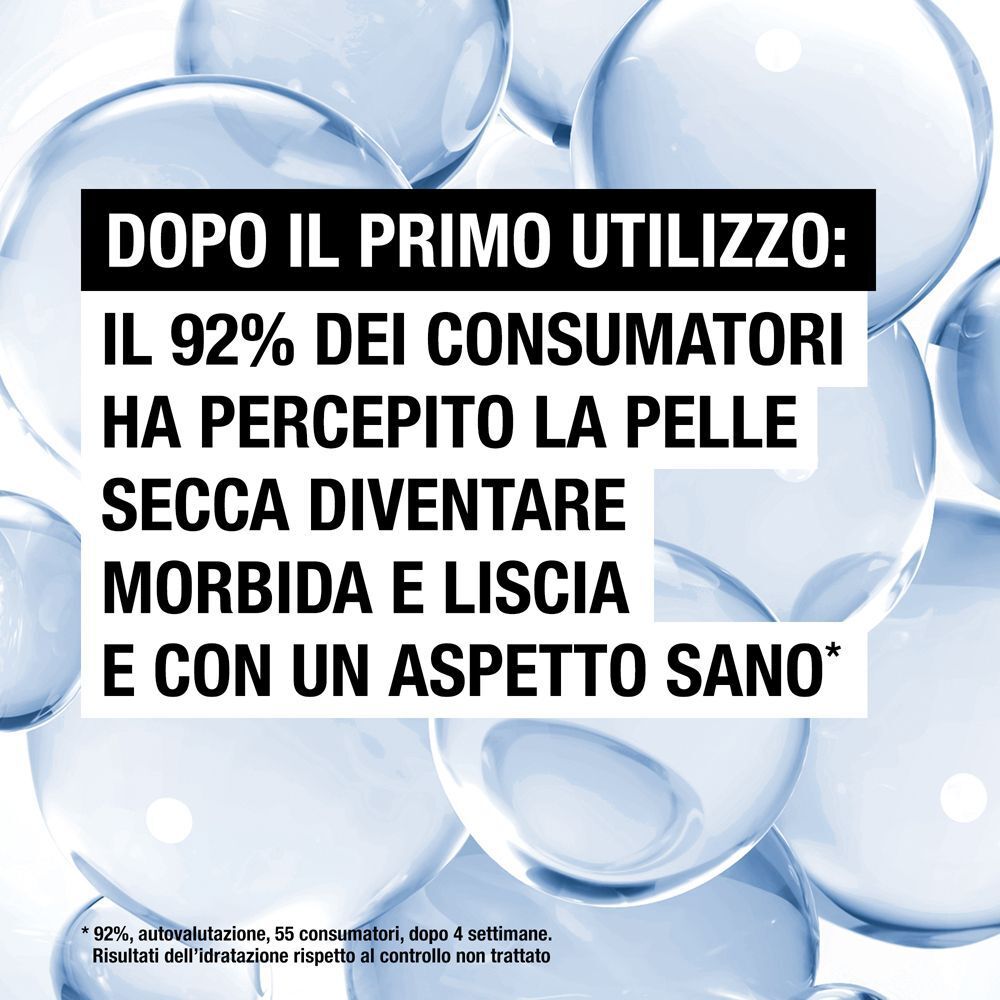 Testo sulla percezione della pelle dopo il primo utilizzo: 'Il 92% ha percepito la pelle secca diventare morbida e liscia'.