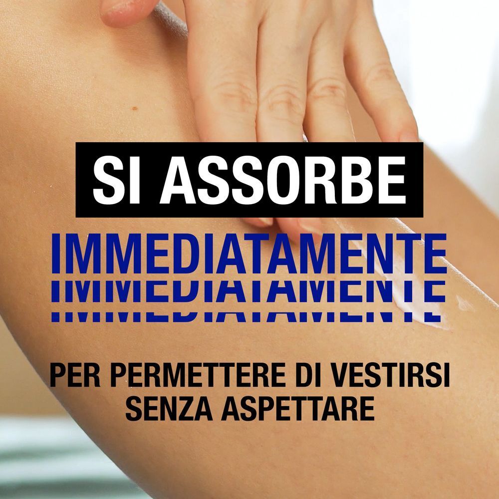 Mano applica crema sulla pelle. Testo: 'Si assorbe immediatamente per permettere di vestirsi senza aspettare'.