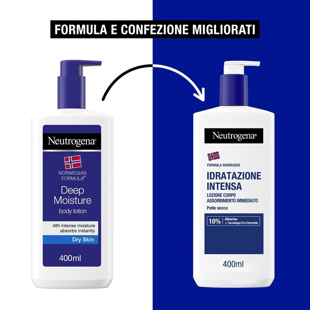 Confronto tra due flaconi di crema corpo Neutrogena con formula e confezione migliorate.