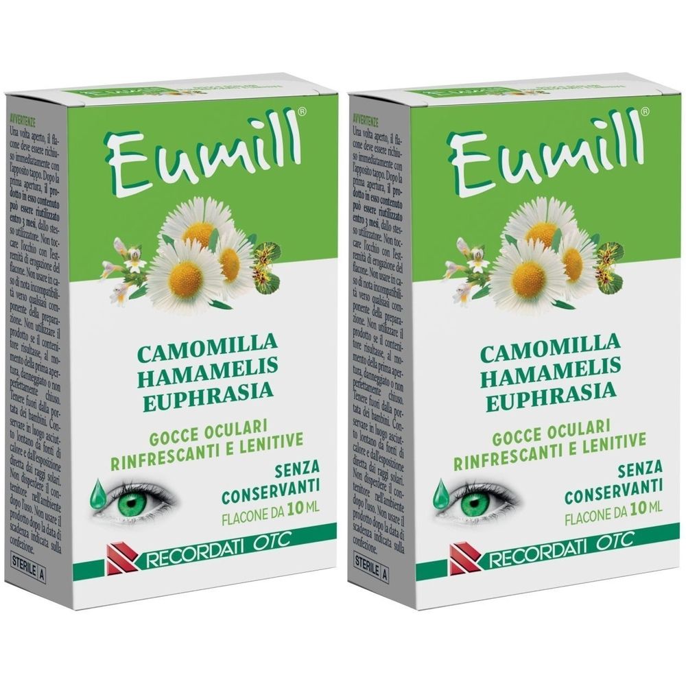 Due scatole Eumill. Scritta: Camomilla, Hamamelis, Euphrasia, Gocce Oculari, Rinfrescanti e Lenitive, Senza Conservanti, Flacone da 10 ml.