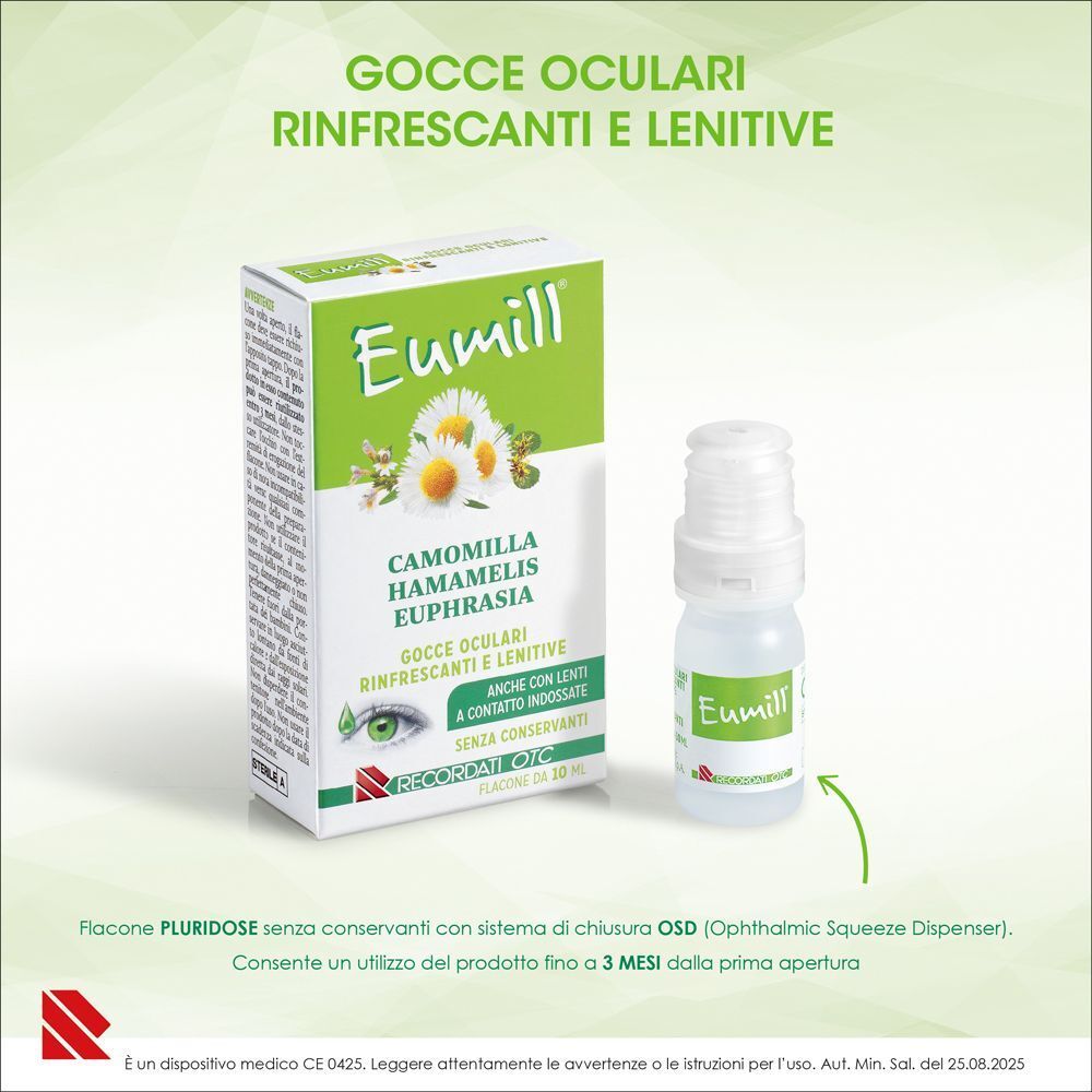 Eumill® Gocce Oculari Pluridose scatola e flacone con camomilla, hamamelis ed euphrasia.