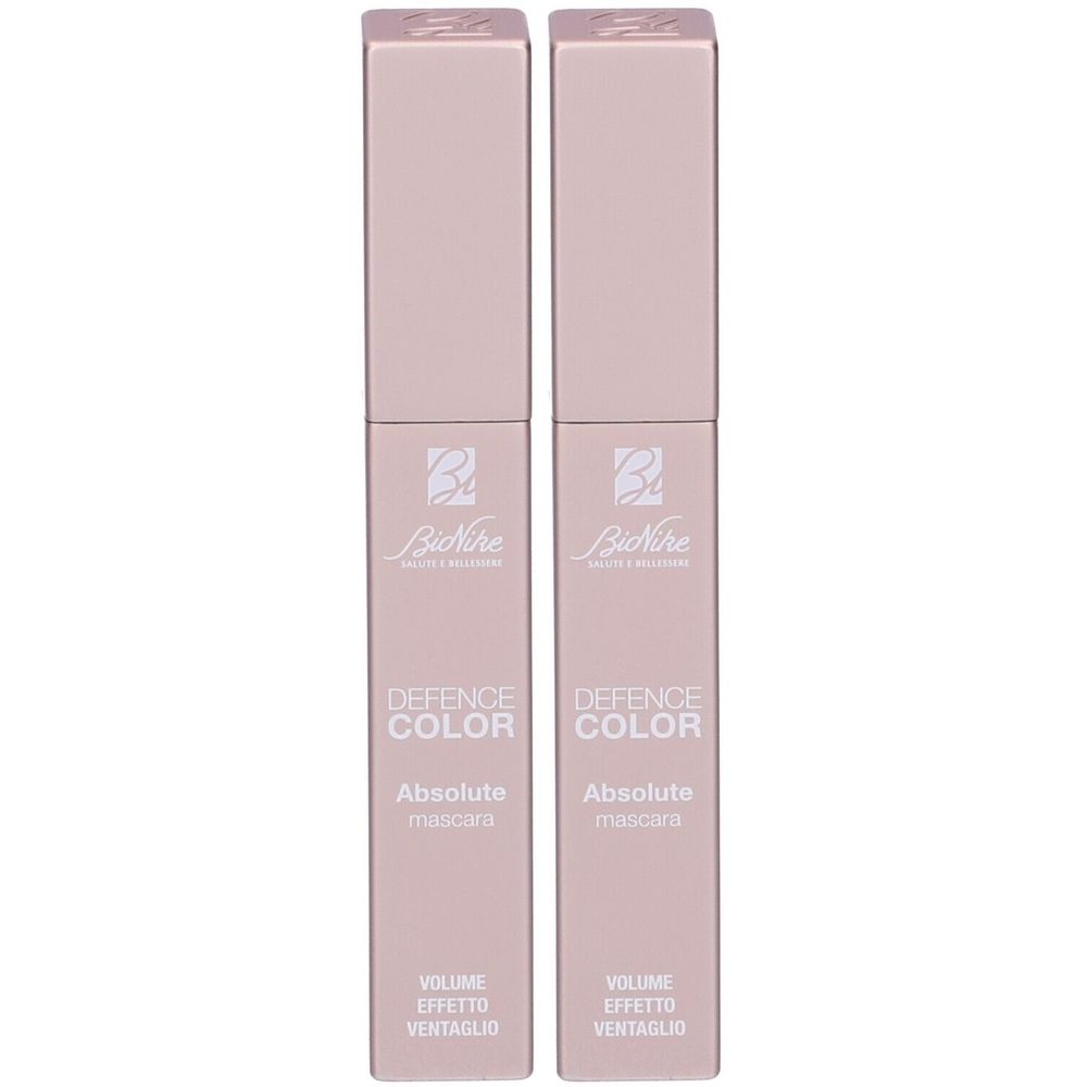 Due mascara rosa. Marchio: Bionike Defence Color. Testo: Absolute Mascara, Volume Effetto Ventaglio. Confezione verticale.