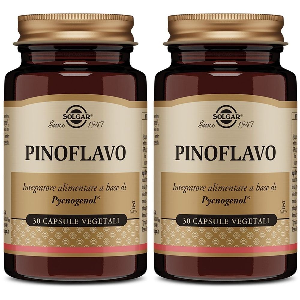 Due bottiglie di vetro marrone con tappi dorati. Le etichette riportano "PINOFLAVO", "30 CAPSULE VEGETALI" e "SOLGAR Since 1947".
