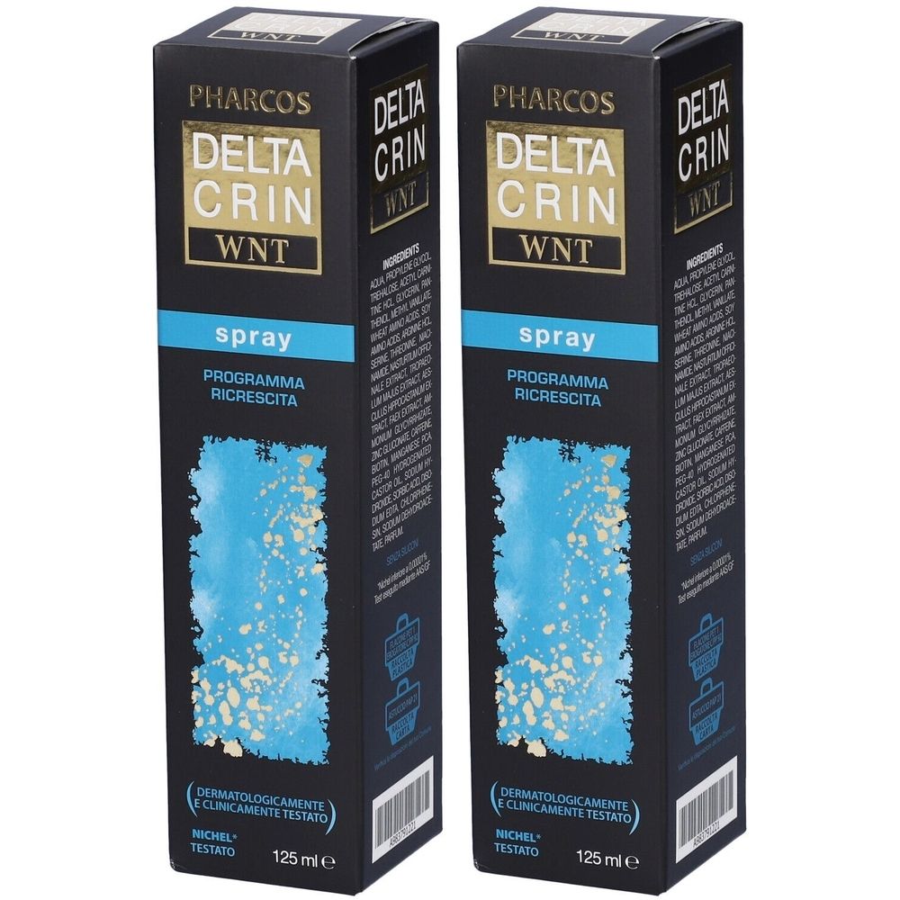 Due scatole nere con stampa del prodotto. Scritta: Pharcos Deltacrin WNT Spray. Testo in italiano. Dermatologicamente testato.
