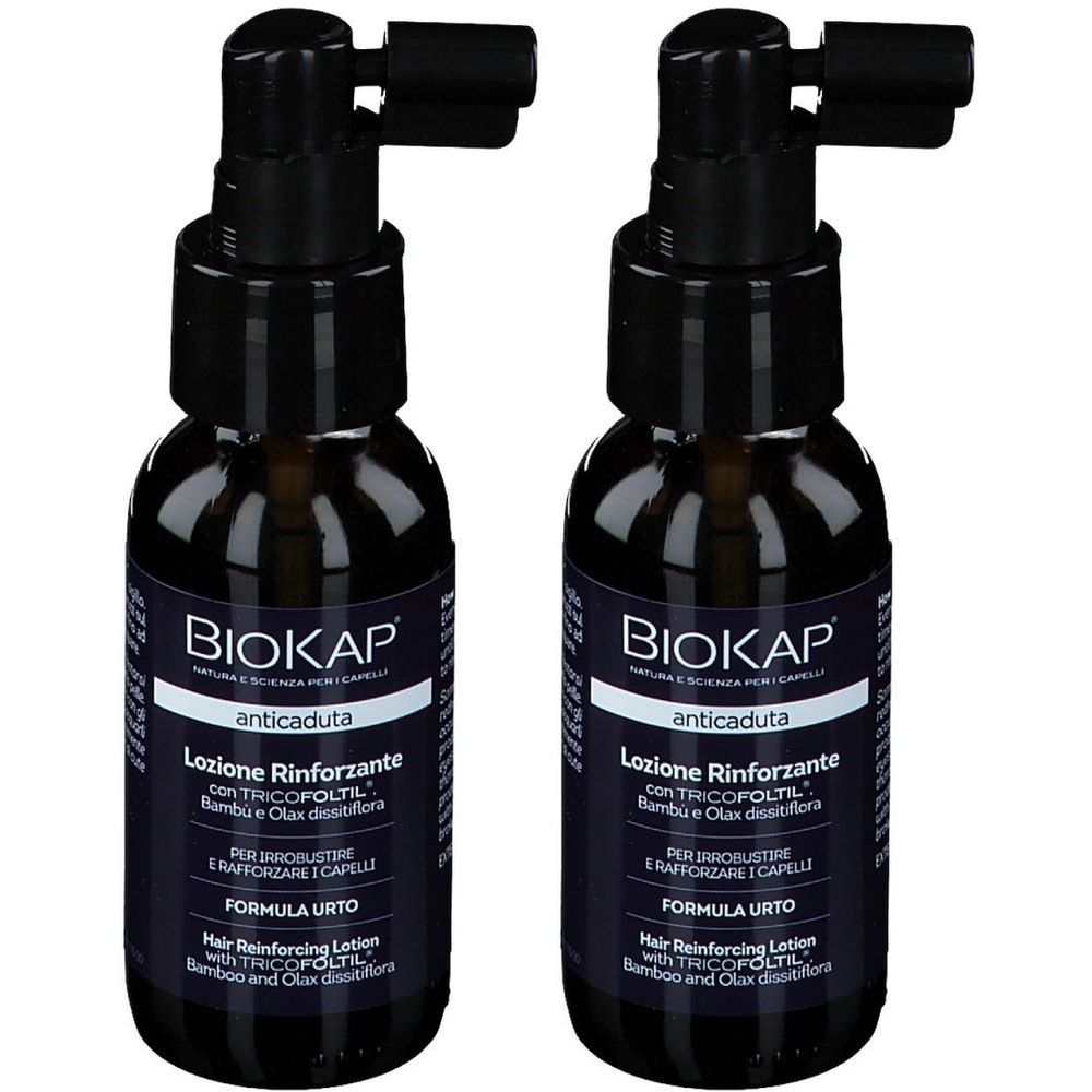 Due flaconi con tappo nero. L'etichetta riporta "BIOKAP anticaduta Lozione Rinforzante".