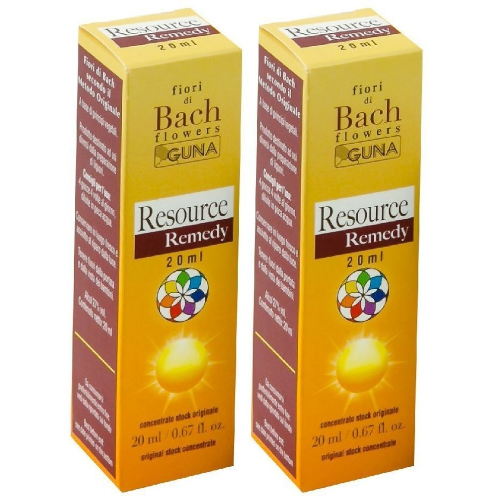 Due scatole rettangolari con scritta Resource Remedy 20 ml. Scritta: fiori di Bach flowers GUNA.
