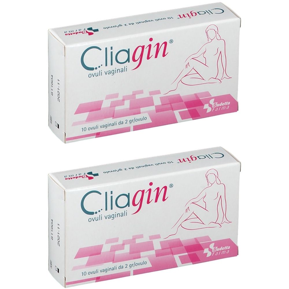 Due scatole di ovuli vaginali "Cliagin". Confezione bianca con dettagli rosa e grafica femminile. Testo: "ovuli vaginali".