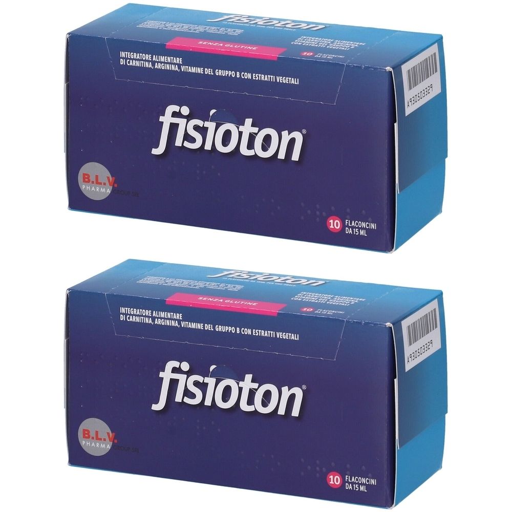 Due scatole blu "fisioton". Scritto: "10 Flaconcini da 15 ml". Marchio: B.L.V. Pharmagroup. Testo in italiano.