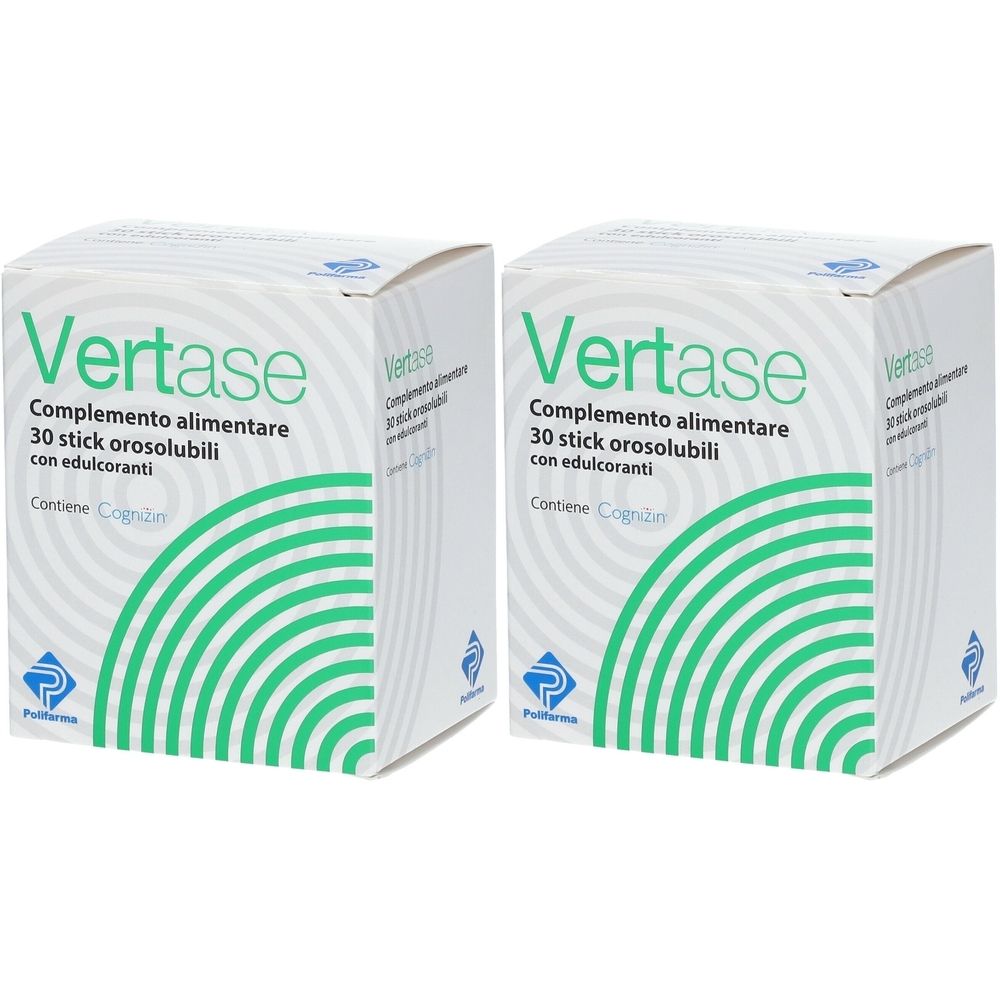 Due scatole bianche con la scritta "Vertase". Ogni scatola contiene "Complemento alimentare 30 stick orosolubili con edulcoranti".