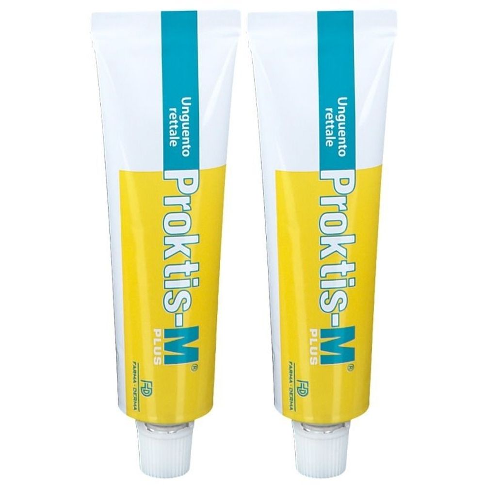Due tubi di Proktis-M Plus Unguento Rettale. Tubi bianchi con design giallo e blu. Nome del prodotto visibile.