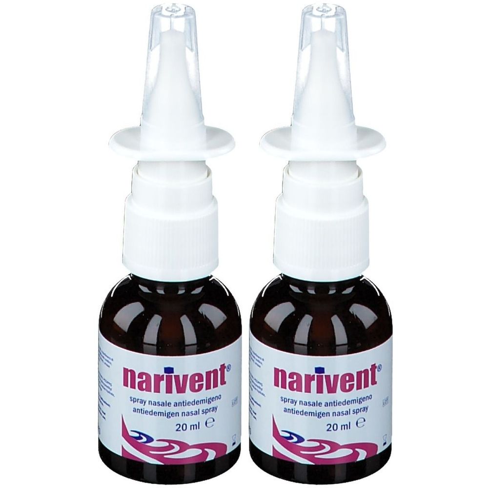 Due spray nasali con erogatore bianco e flacone marrone. Scritta: narivent, spray nasale antiedemigeno, 20 ml.