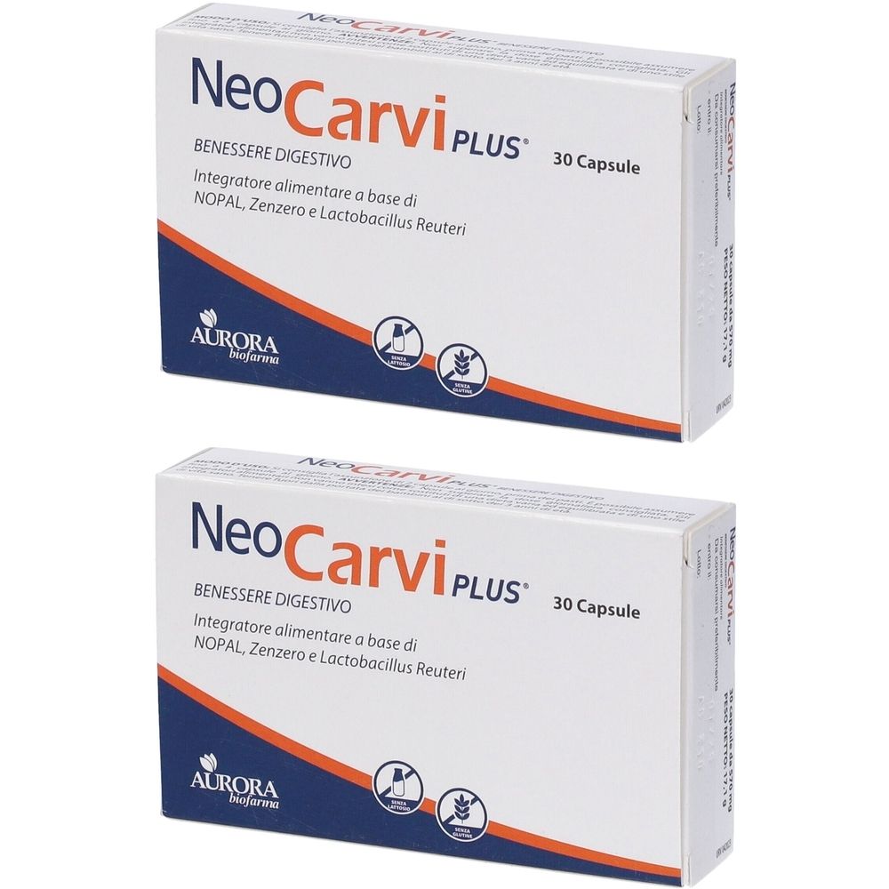 Due scatole di NeoCarvi Plus, 30 capsule. Scritta: BENESSERE DIGESTIVO. Marchio Aurora Biofarma.