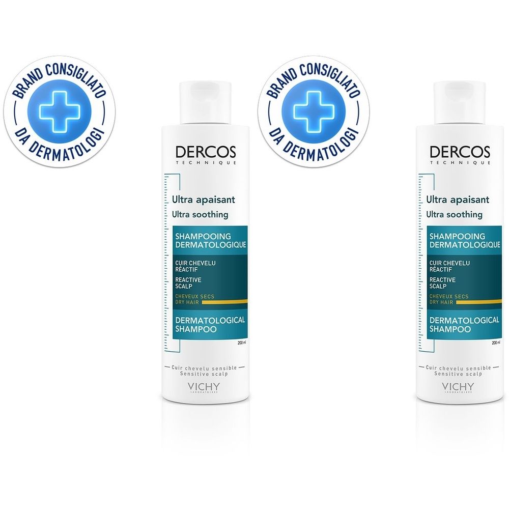 Due flaconi bianchi con etichette blu e bianche. Scritta: Dercos, Ultra apaisant, shampoo dermatologico. Con sigillo dermatologico.
