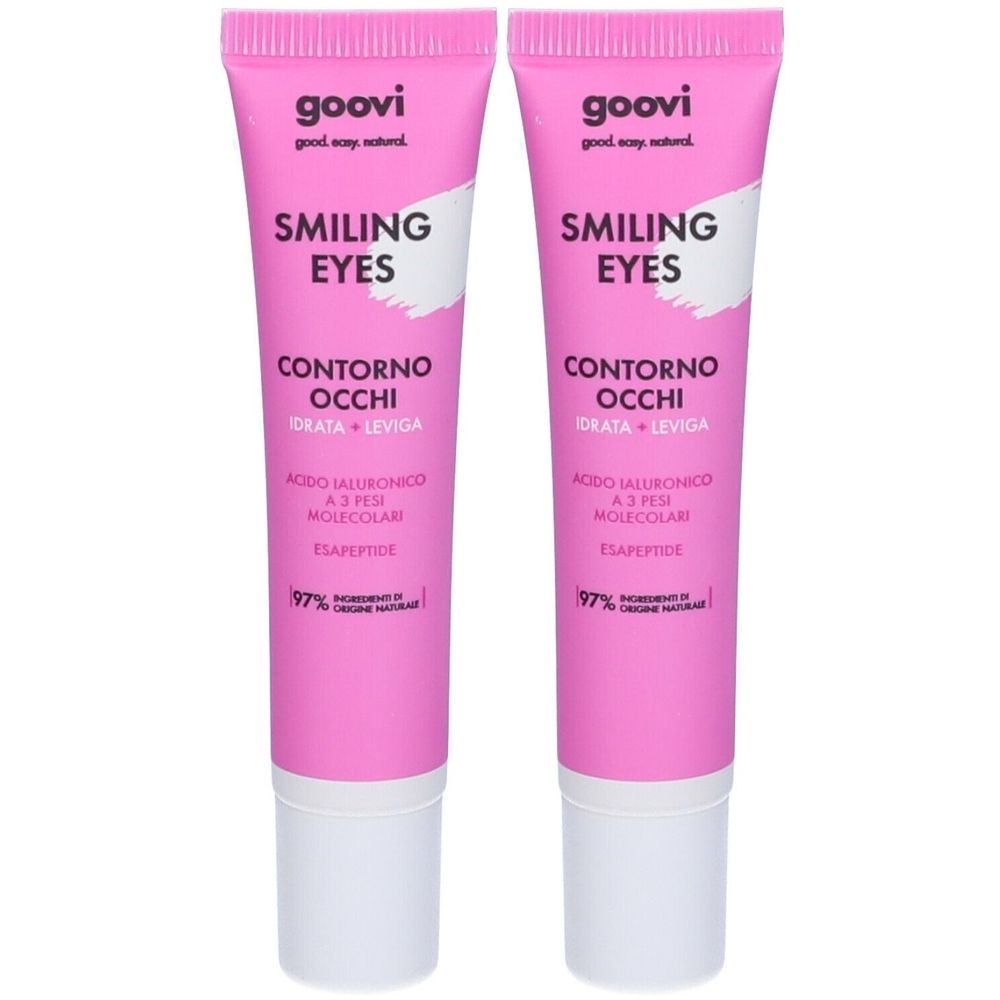 Due tubi rosa con testo bianco. Scritto: Goovi, Smiling Eyes, Contorno Occhi, Idrata + Leviga, Acido Ialuronico, Esapeptide.