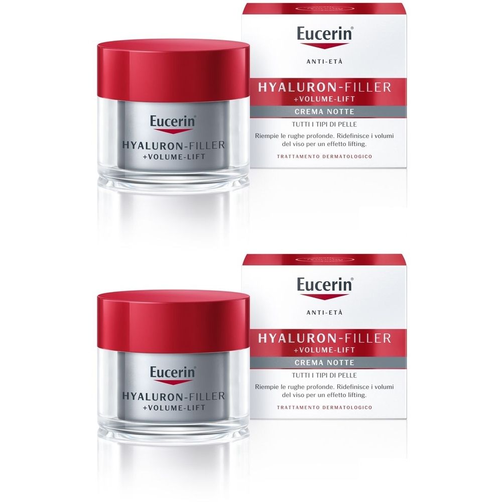 Due vasetti con coperchi rossi e due confezioni. Scritta: Eucerin Hyaluron-Filler + Volume-Lift Notte crema antirughe.