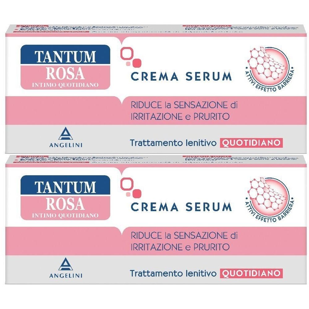 Due confezioni bianche e rosa. Scritta: TANTUM ROSA, CREMA SERUM. Testo: Riduce l'irritazione e il prurito.