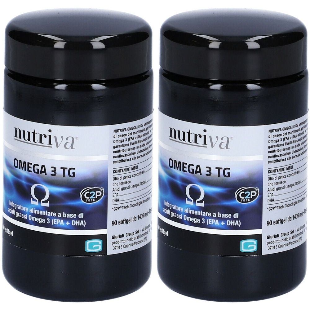 Due flaconi neri di integratore alimentare Omega 3 TG. Scritta: Nutriva, Omega 3 TG, EPA + DHA. 90 softgel.