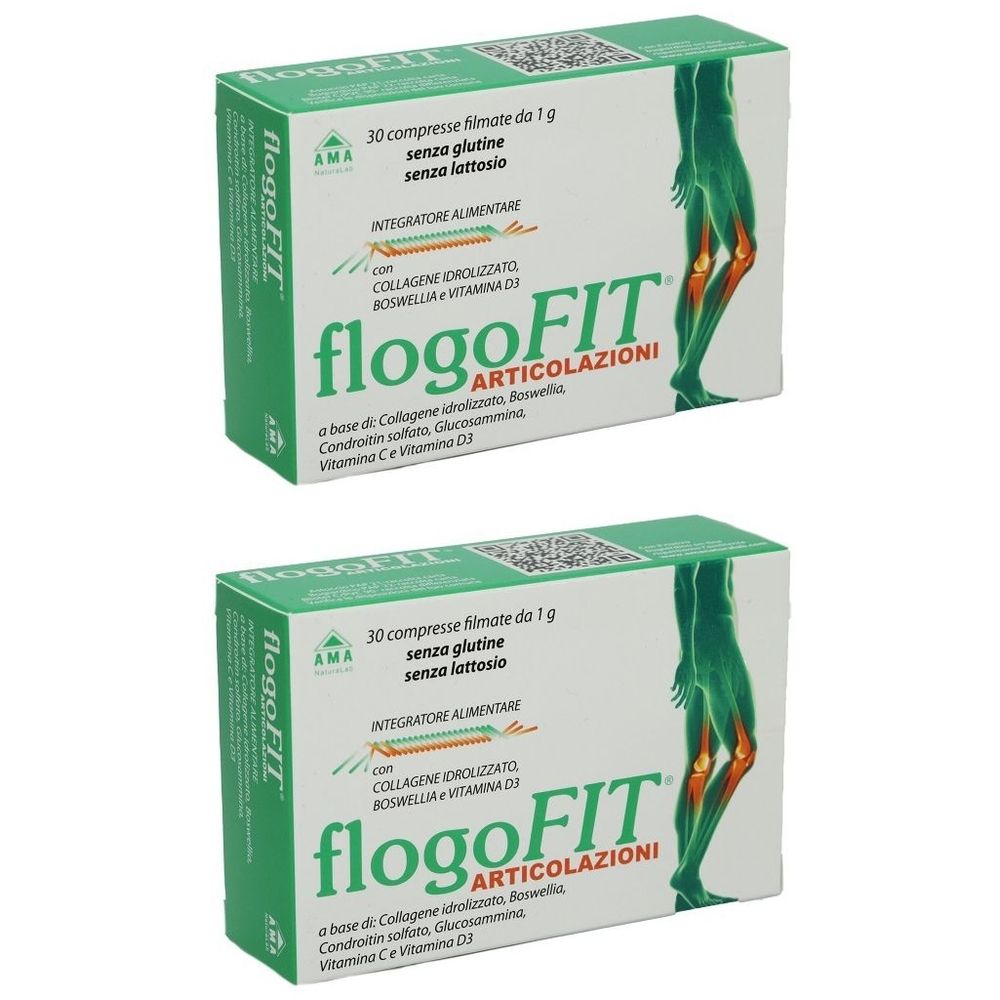 Due confezioni di Flogofit Articolazioni. Scritta: 30 compresse filmate, senza glutine, senza lattosio. Illustrazione di un ginocchio.