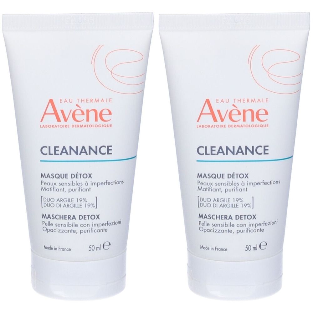 Due tubi bianchi. Scritte: Eau Thermale Avène, Cleanance, Masque Détox. Testo in francese e italiano. Contenuto: 50ml.
