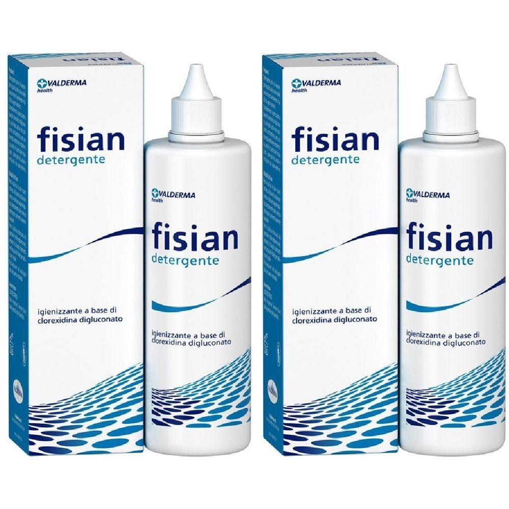 Due flaconi bianchi e due scatole. Scritta: fisian detergente. Motivi a onde blu e testo.