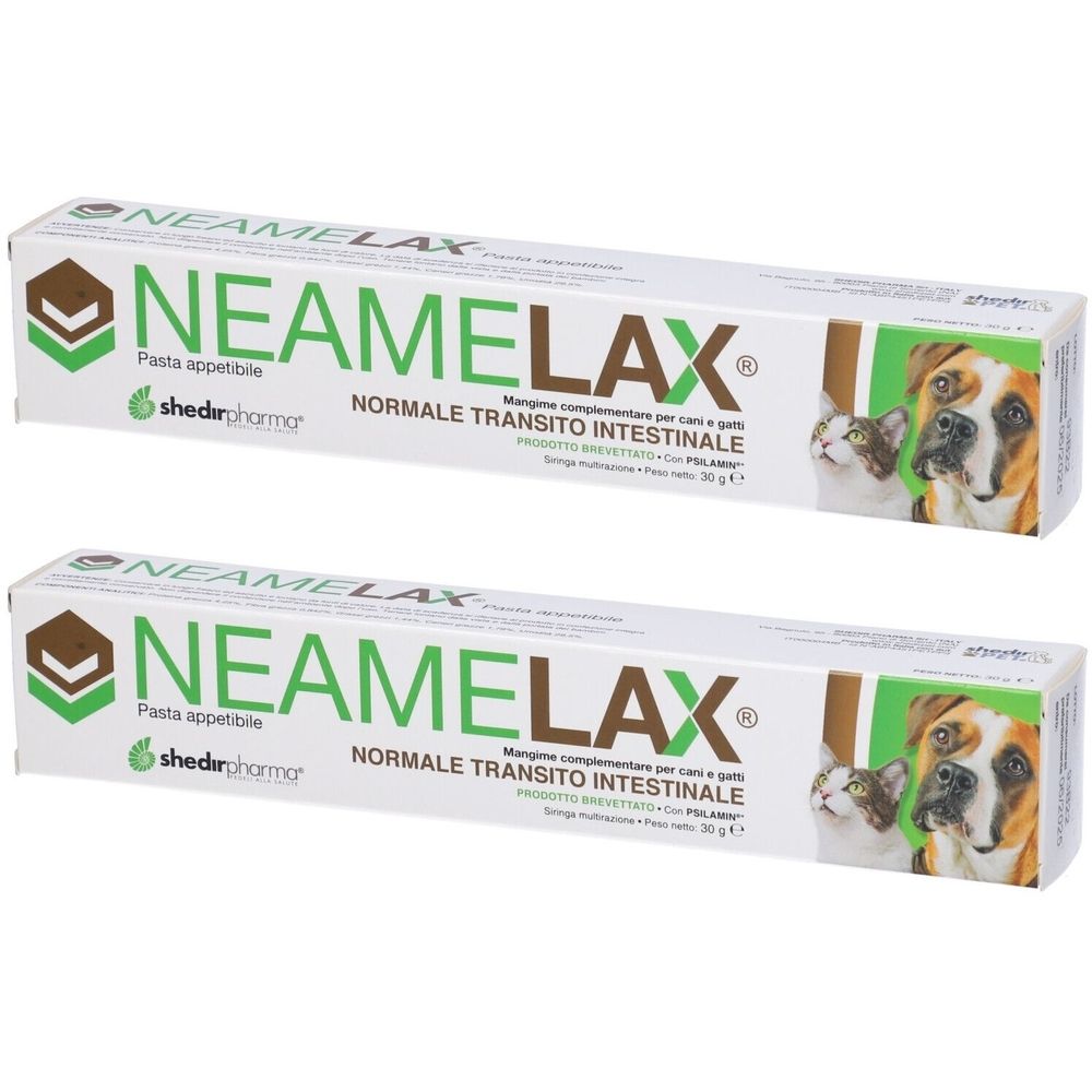 Due scatole bianche con testo verde e marrone. Scritta NEAMELAX. Immagine di cane e gatto. Prodotto per cani e gatti.