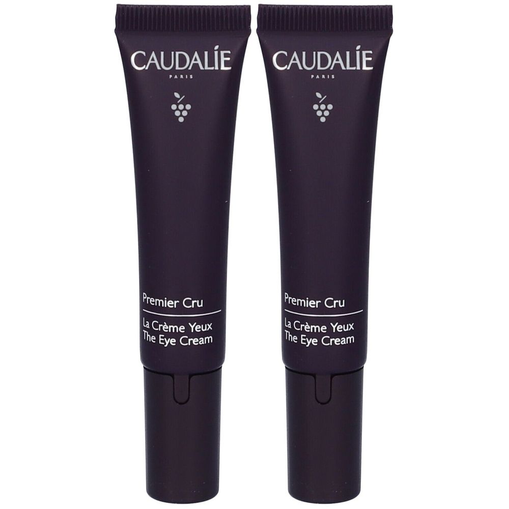 Due tubi di crema per occhi. Tubi viola scuro con scritta bianca CAUDALIE, simbolo dell'uva e nome del prodotto Premier Cru.