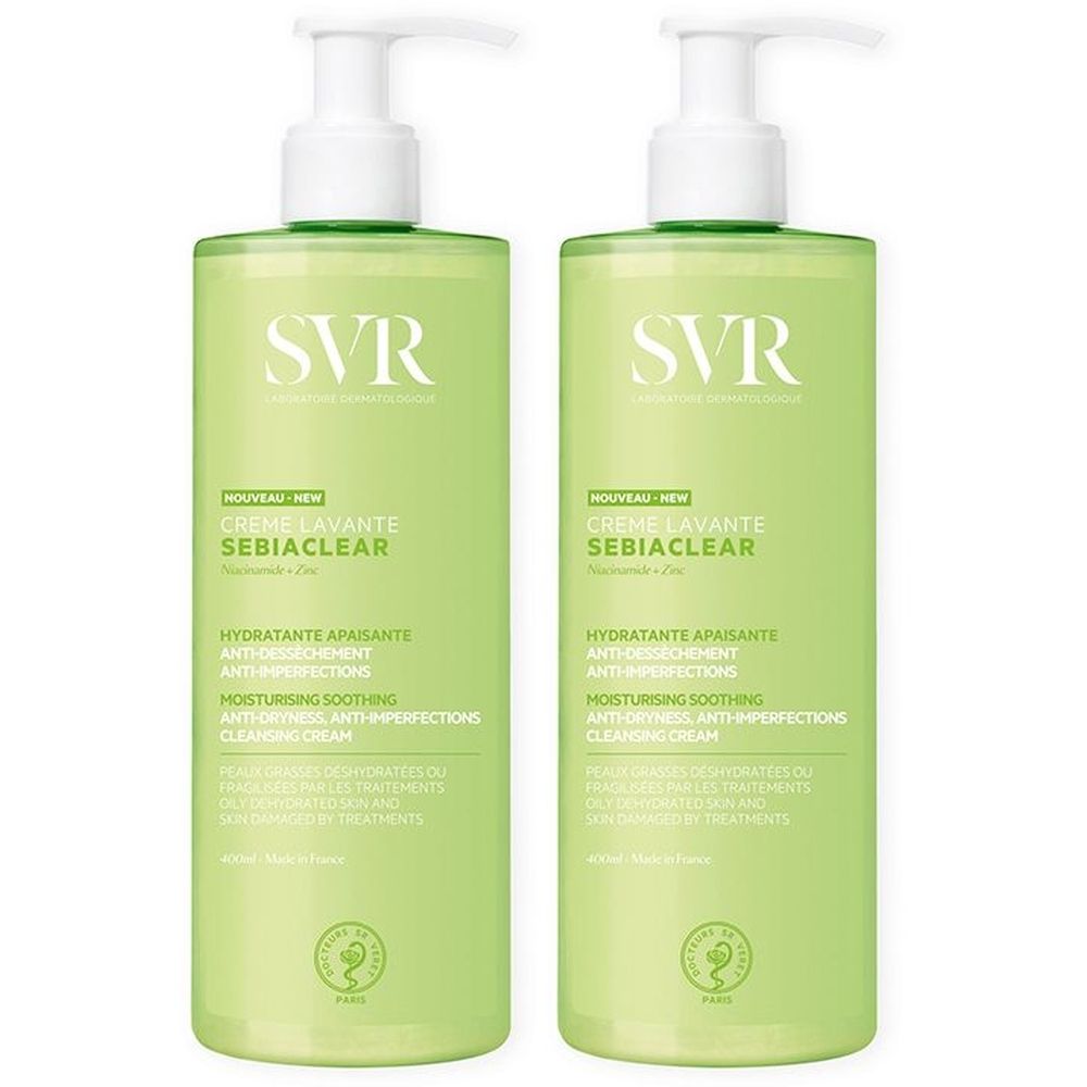 Due flaconi verdi con dosatori bianchi. Ogni flacone riporta le scritte "SVR" e "SEBIACLEAR". Testo in francese e inglese.