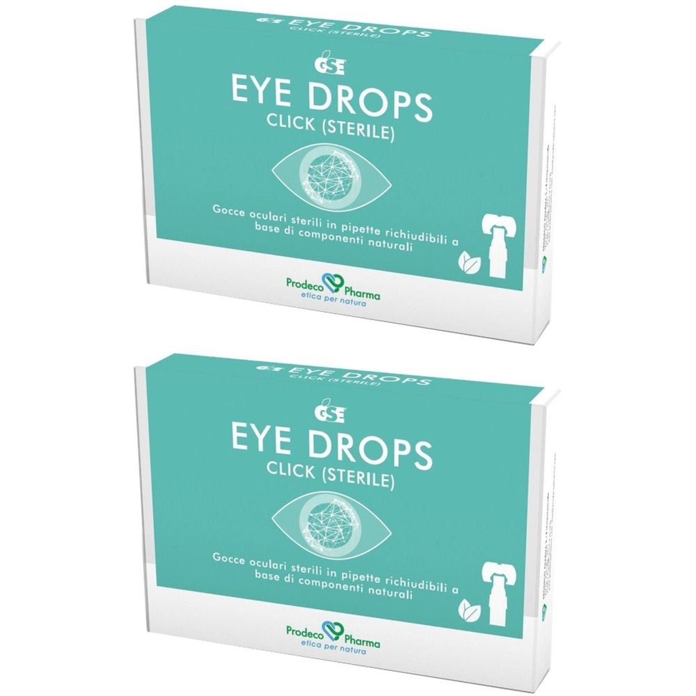 Due confezioni di gocce oculari. Scritta: EYE DROPS CLICK (STERILE). Marchio GSE. Confezione turchese e bianca. Testo in italiano.