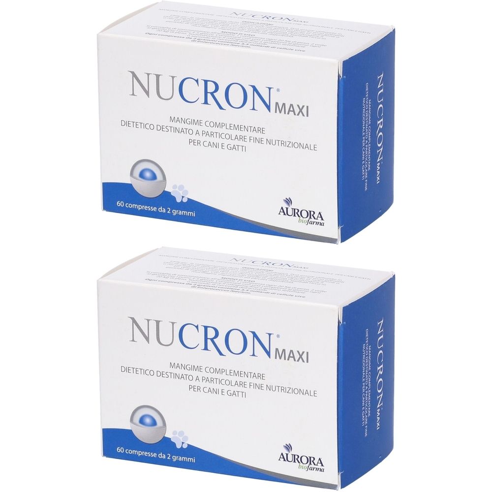 Due scatole bianche con dettagli blu. Scritta: Nucron Maxi, integratore alimentare per cani e gatti. Logo Aurora.