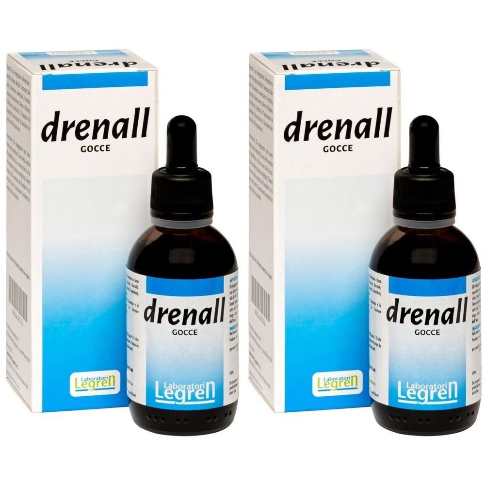 Due flaconi con contagocce e confezione. Scritta: drenall, gocce. Marchio: Legren.