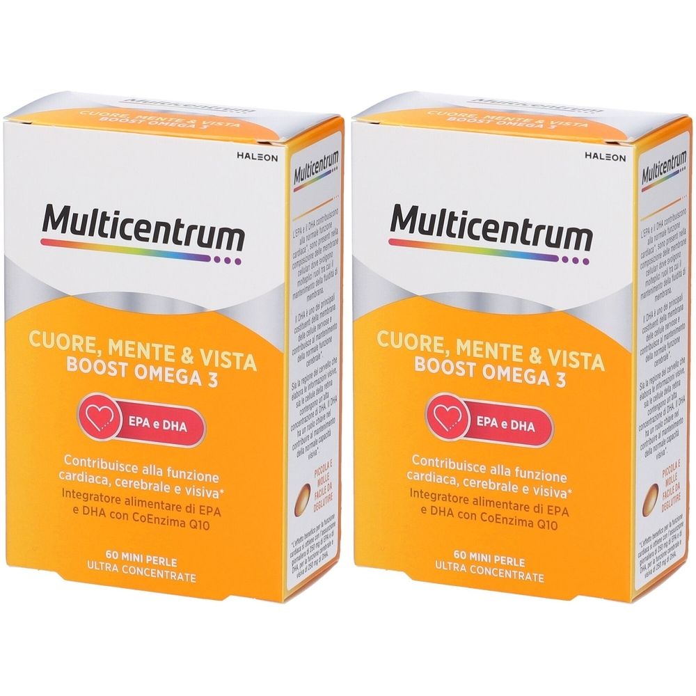 Due confezioni di Multicentrum. Scritta: Cuore, Mente & Vista Boost Omega 3. Contiene EPA e DHA. Confezione arancione con coperchio bianco.