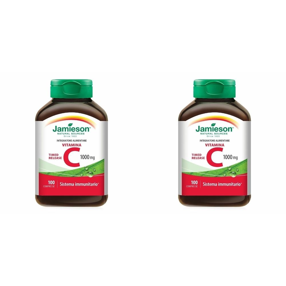 Due flaconi di vitamina C. Scritta: Jamieson, vitamina C, 1000mg, 100 capsule. Tappi verdi, flaconi marroni.