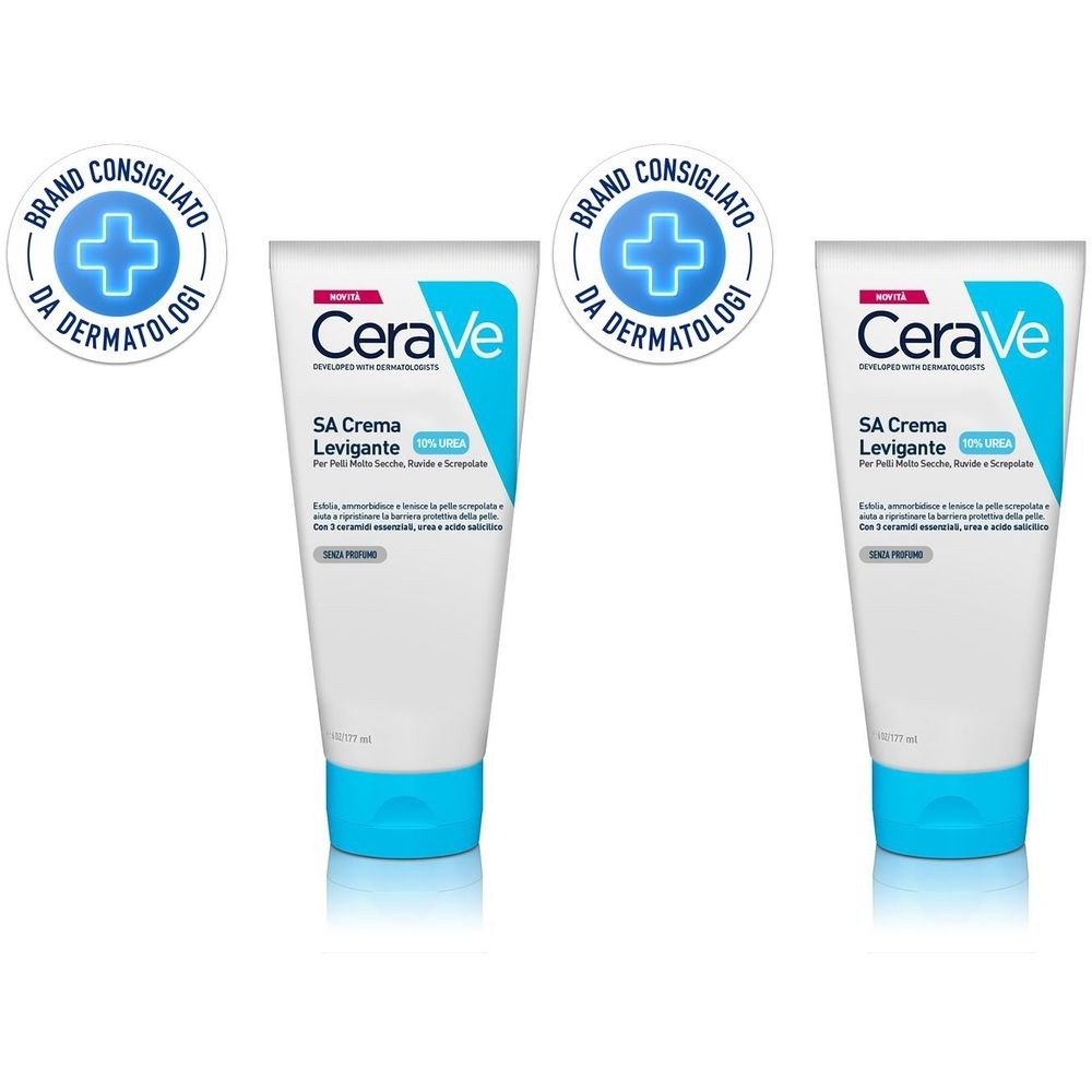 Due tubi bianchi con tappo blu. Scritta: CeraVe, SA Crema Levigante. In alto: logo con croce e testo.