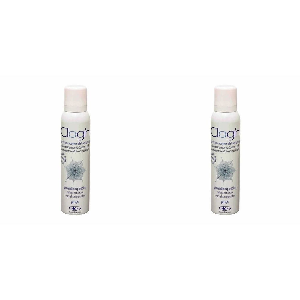 Due flaconi spray bianchi con tappi rosa. Scritta Clogin. Stampa con grafica blu e testo.