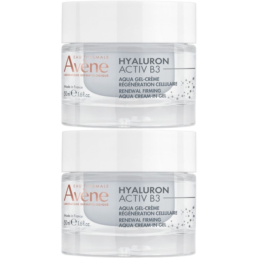 Due vasetti di crema. Scritta: Eau Thermale Avène, Hyaluron Activ B3. Aqua Gel-Crème, Rigenerazione Cellulare.